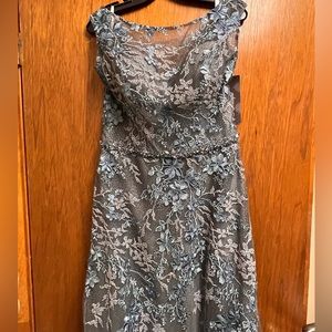 Sleeveless illusion charcoal and slate dress.  Gorgeous details though out.
